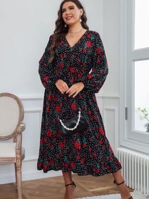 Plus Size Autumn Woven Black Chiffon Big Swing Type Office Printed  Dress Cotton Korean Shirt Dress