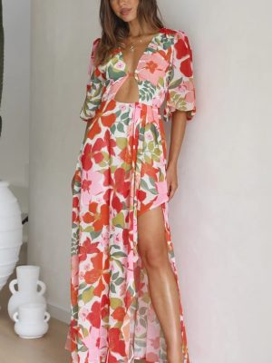 Women Clothing Summer Printed Sexy Deep V Plunge Exposed Cropped Split Maxi Dress