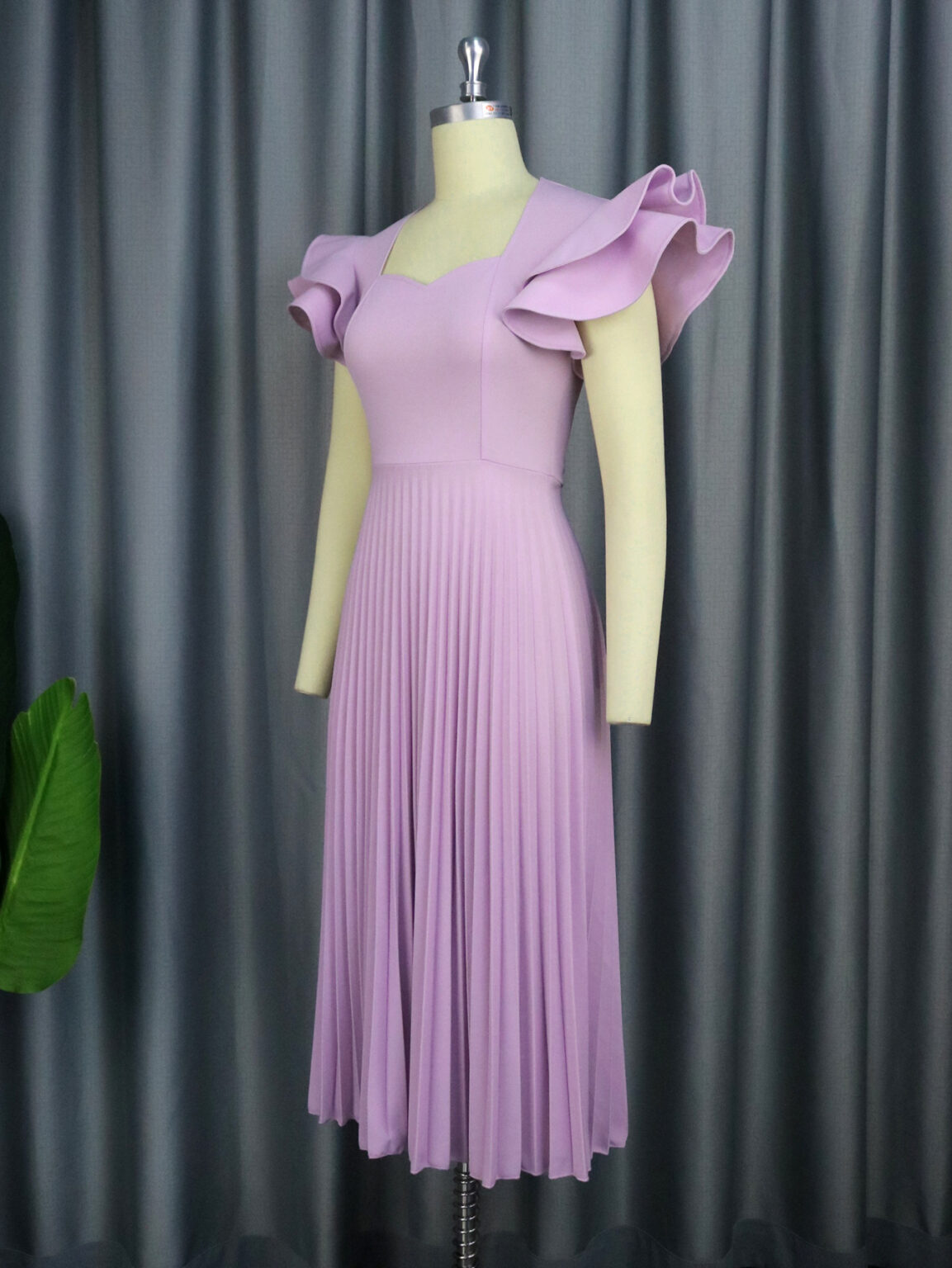 Spring Autumn Light Purple Square Collar Dress Elegant Graceful Casual Office Pleated Dresses - Image 3