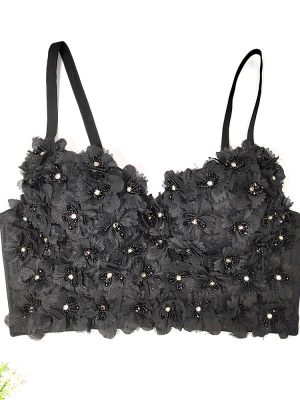 Three Dimensional Floral Beaded Camisole Elegant Graceful Short Detachable Shoulder Strap Tube Top Sexy Bare Back Bra