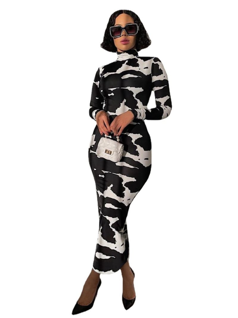 Plus Size Autumn Long Sleeve Personalized Printed Hip Dress Turtleneck Dress - Image 3