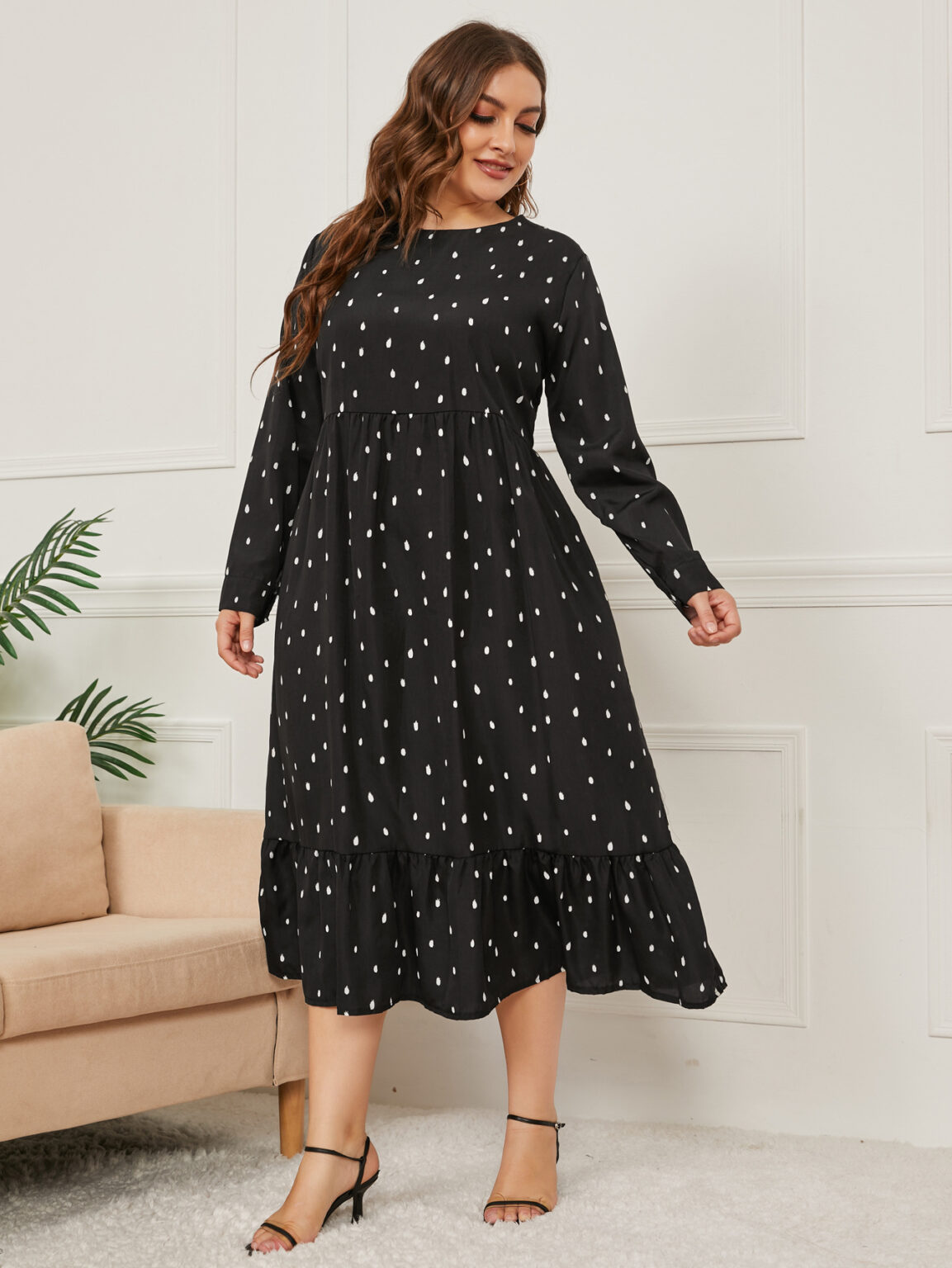 Plus Size Autumn Winter Printing Long-Sleeve round-Collar Dress - Image 2