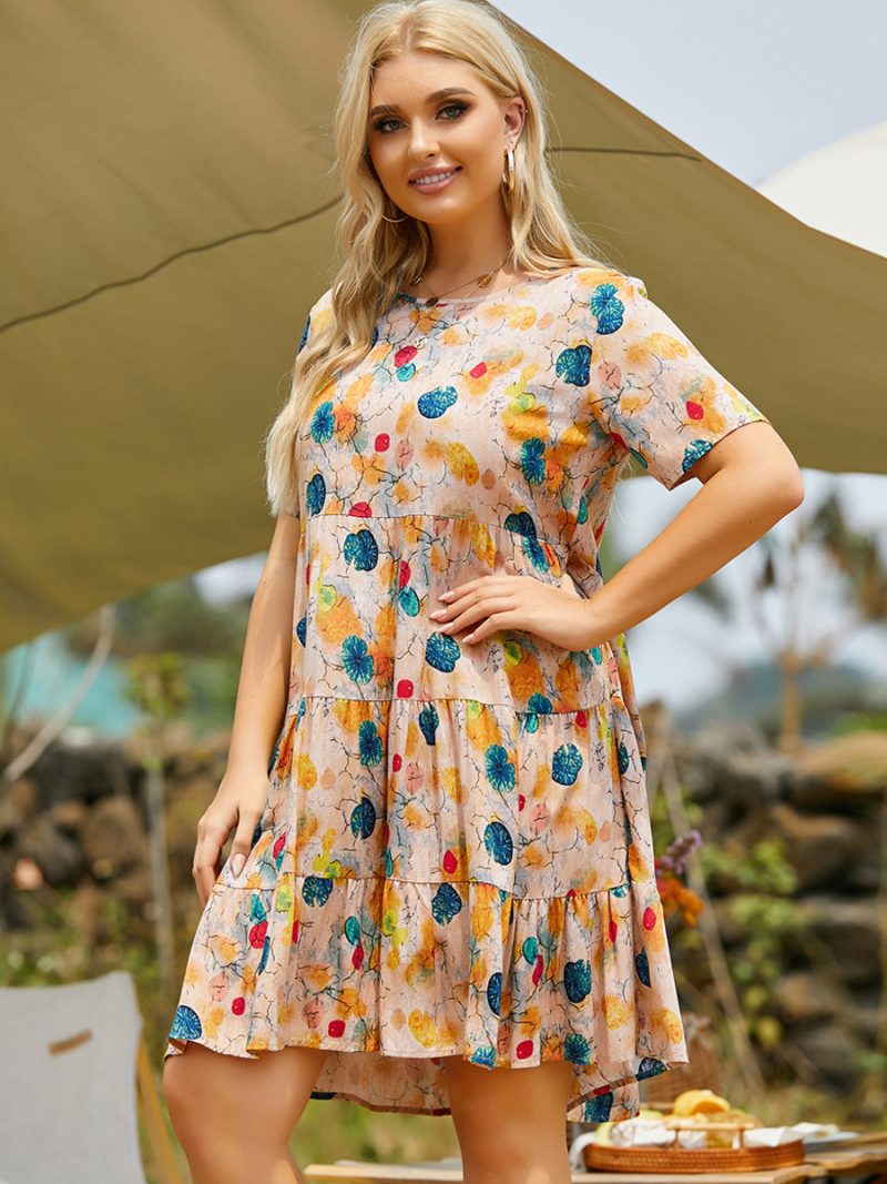 Plus Size Summer Urban Casual round Neck Short Sleeves Printed Multi-Layer Stitching Big Swing Dress Dress - Image 3