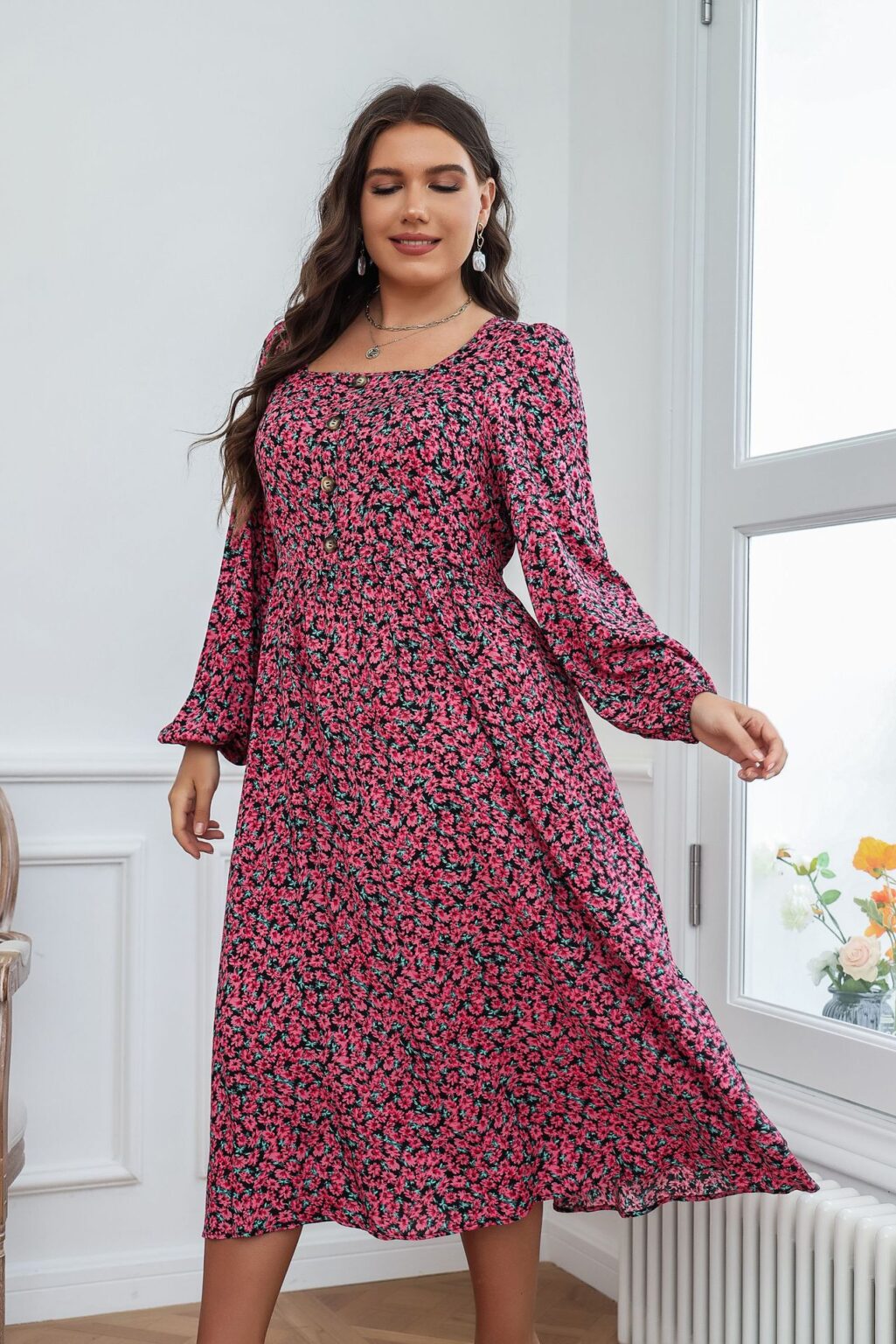 Plus Size Summer Women Square Collar  Printed Dress Supply - Image 2