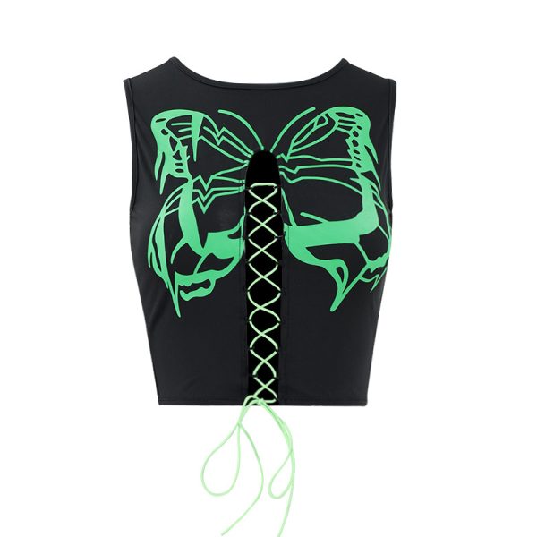 Women  Clothing Summer round Neck Sleeveless Cropped Cropped Outfit Sexy Butterfly Lace up Top Women  Vest - Image 5