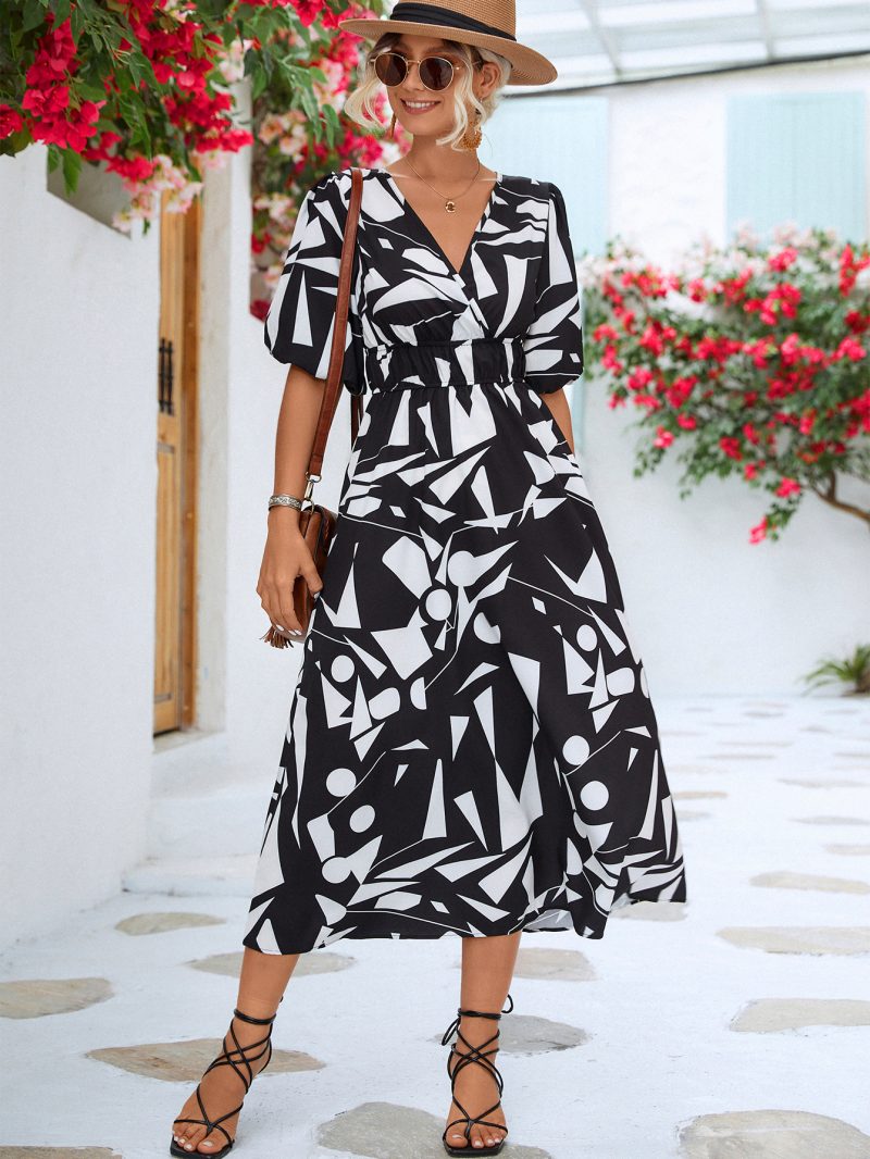 Spring Summer Women Clothing V neck Puff Sleeve Dress - Image 3