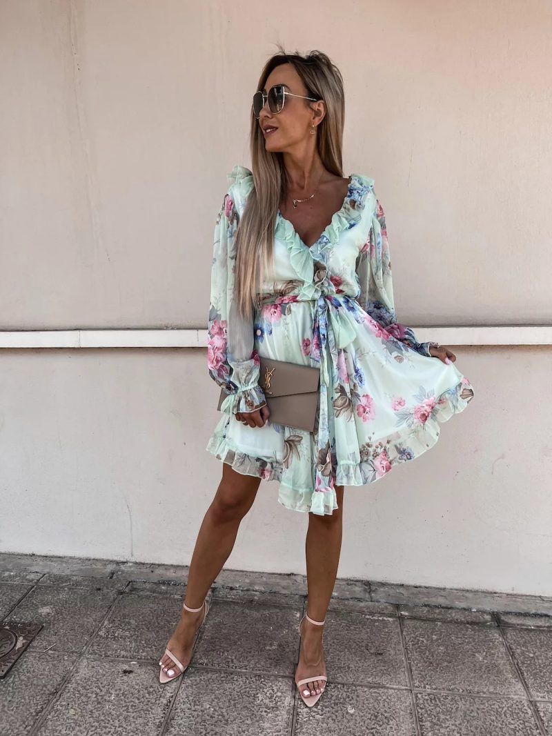 Sexy Ruffles V-neck Printed Long Sleeve Waist Dress - Image 2