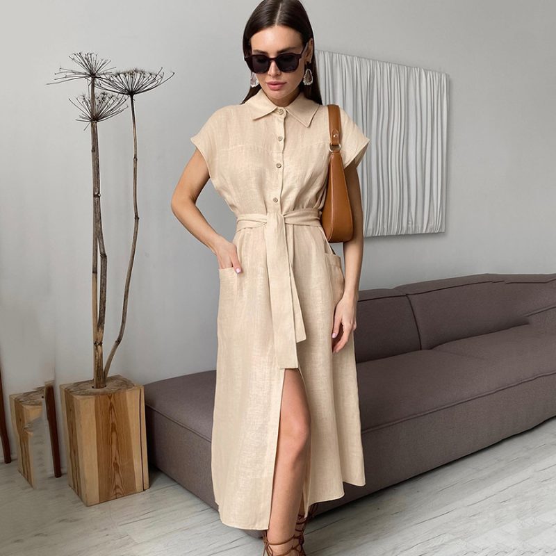 Summer Office Collared Sleeveless Cotton Linen Dress Elegant High Waist Dress Straight Dress - Image 2