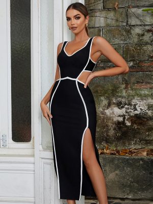 Bandage Dress Simple Sexy Strap Stitching Contrast Color Cutout Side Slit Slim Dress