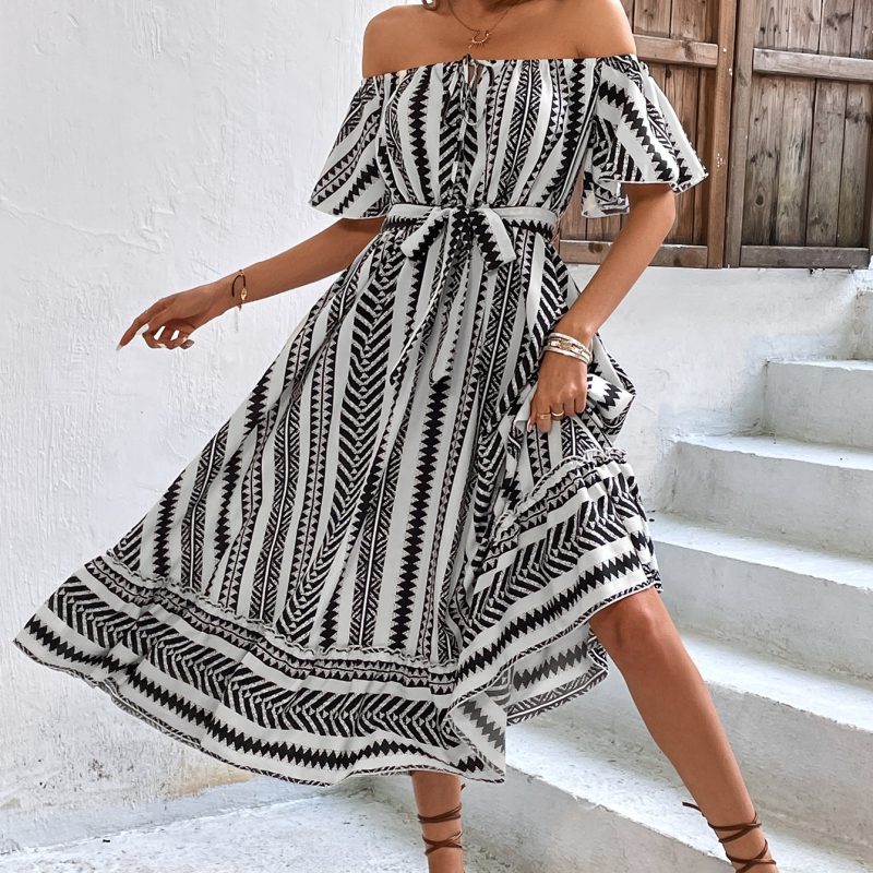 Self Developed Dress off Shoulder High Waist Lace up Casual Striped Plaid - Image 4