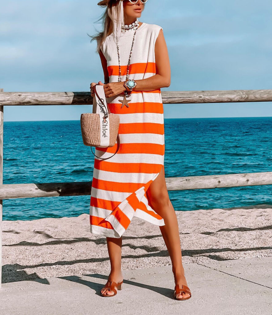 Ladies Vacation Fresh Bold Stripes Sleeveless Knitted Dress Maxi Dress - Image 2