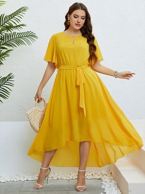 Popular Summer Yellow V neck Lace up Waist Controlled Dress Women