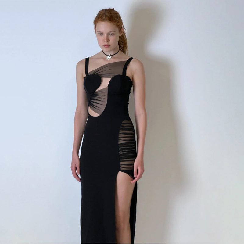 Summer Black Low Elastic Mesh Mini Dress Women Clothing Strap Maxi Dress - Image 3