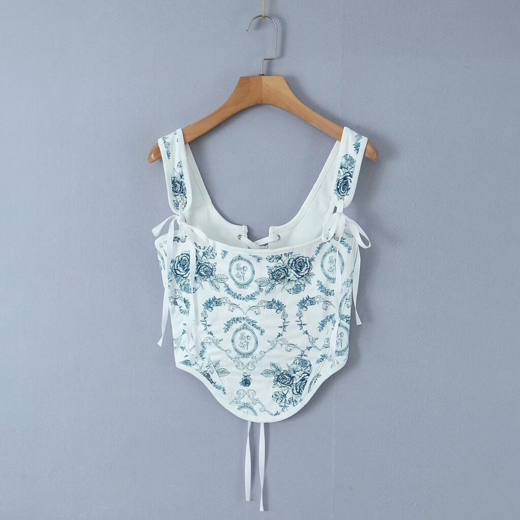 Spring Summer Retro Printed Vest Bandage Irregular Asymmetric Short Top - Image 3