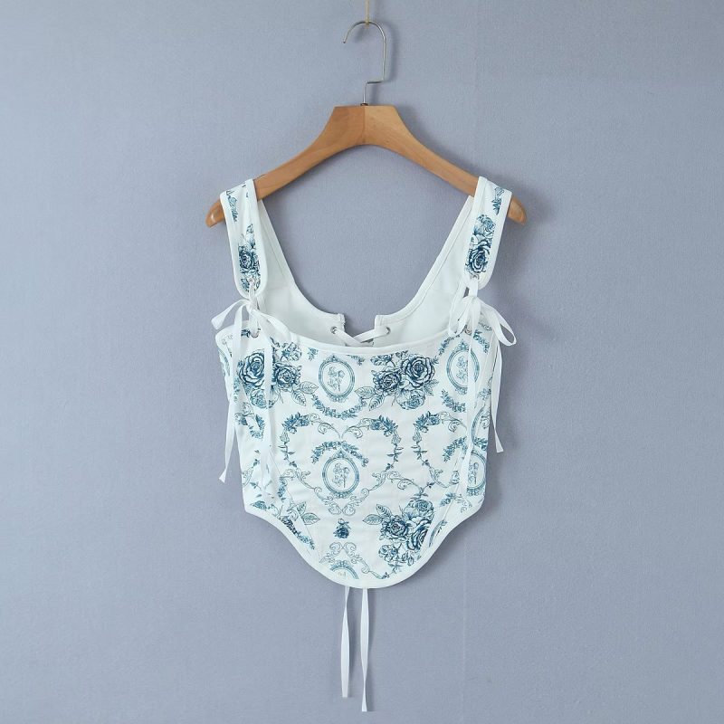 Spring Summer Retro Printed Vest Bandage Irregular Asymmetric Short Top - Image 3