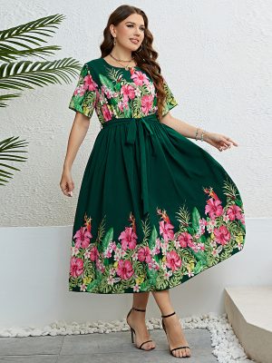 Popular Summer Green Printing Lace up Waist Controlled Dress Women