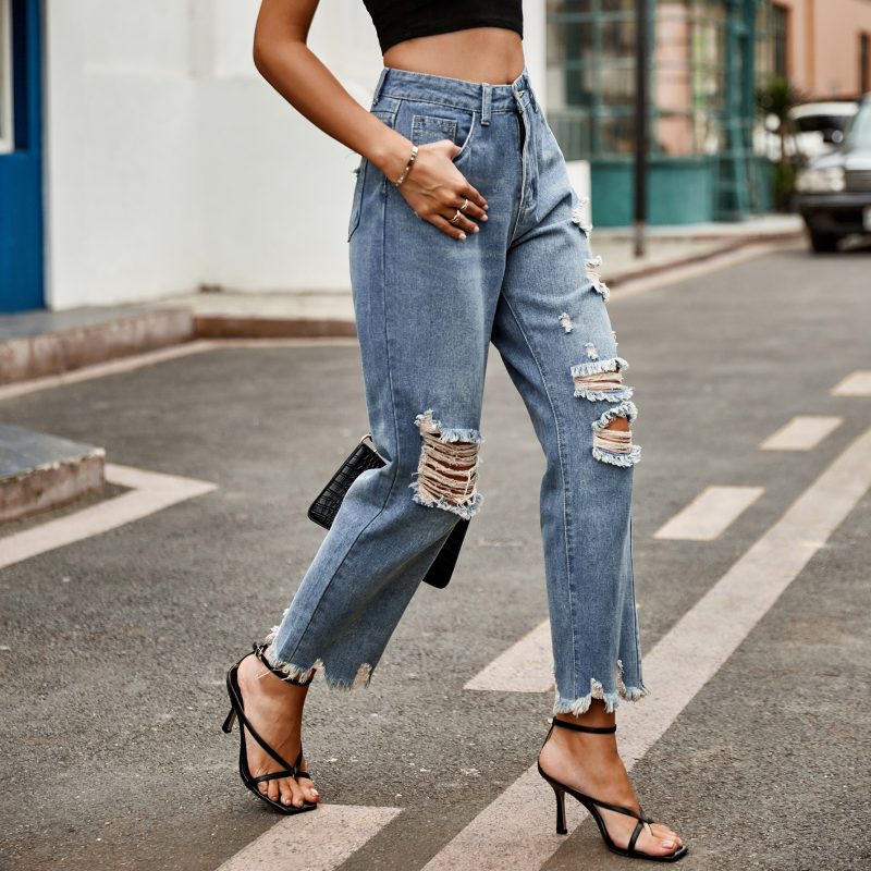 Women Clothing Raw Hem Ripped Slim Fit Slimming Jeans Straight Ankle Length Pants - Image 4