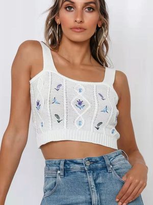 Embroidery Embroidered Knitted Camisole Short Top Women