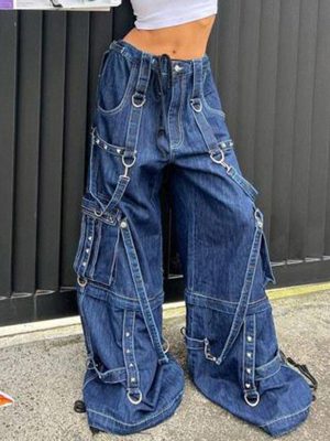 Heavy Industry Fried Street Punk Metal Buckle Ribbon Stitching Niche High Waist Sexy Loose Wide Leg Jeans