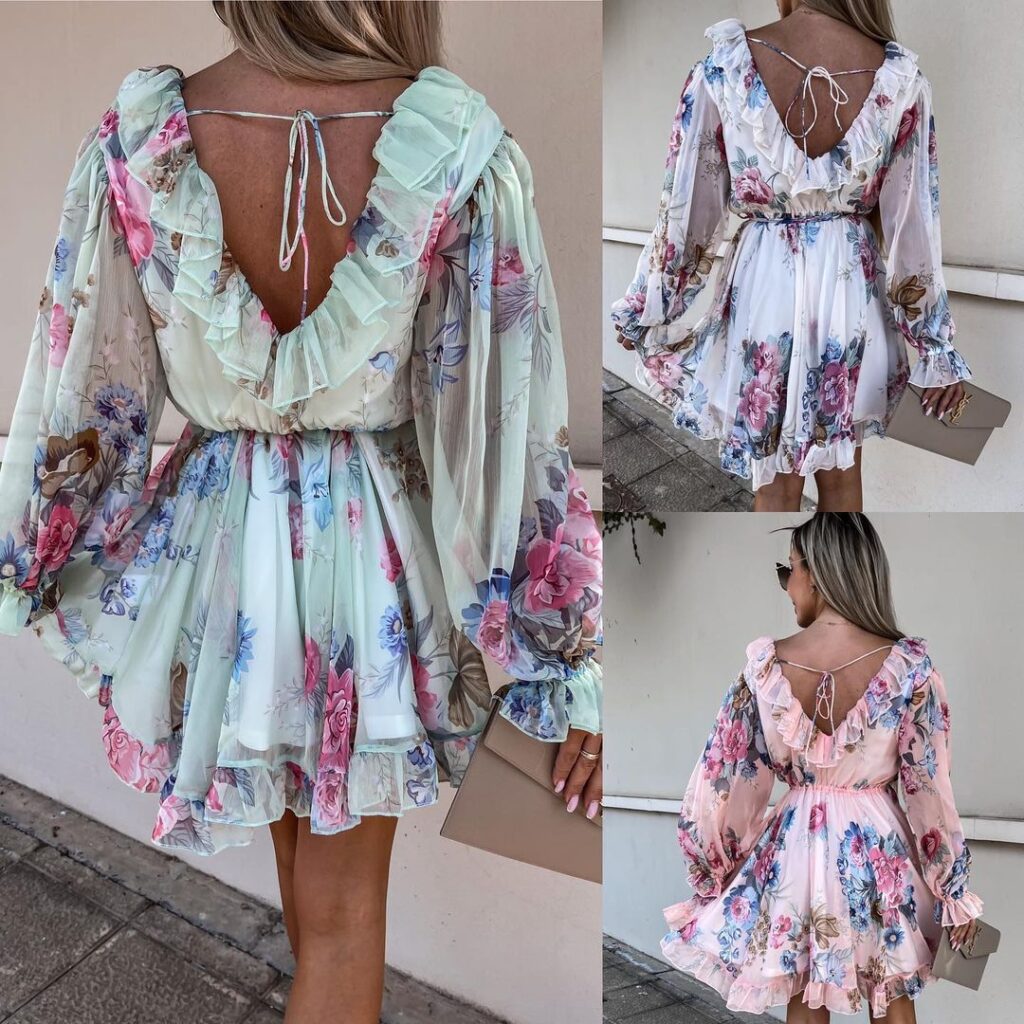 Sexy Ruffles V-neck Printed Long Sleeve Waist Dress - Image 4
