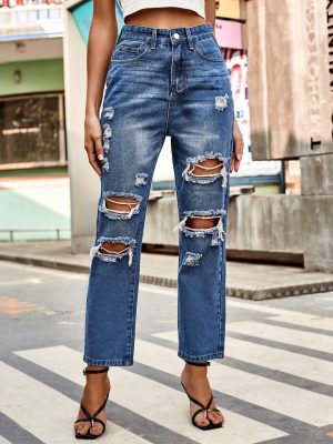 Women Clothing All Match Wash Ripped Straight Denim Ankle Length Pants Tide