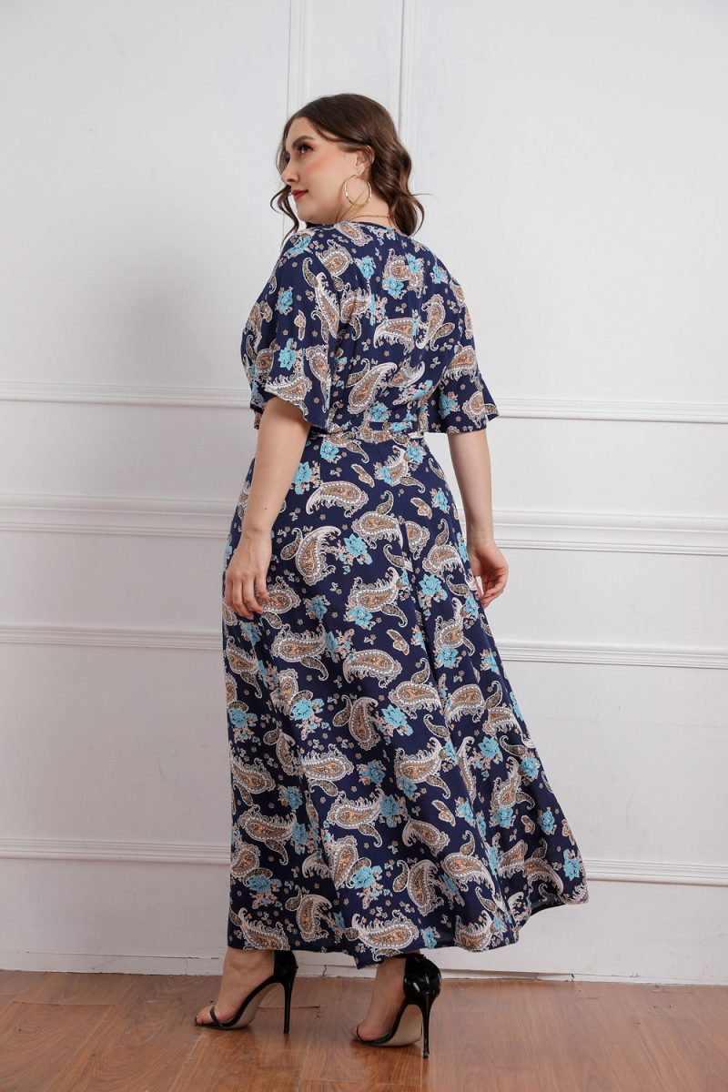 Plus Size Summer  Women V neck Girls Printed Short Sleeve Dress - Image 4