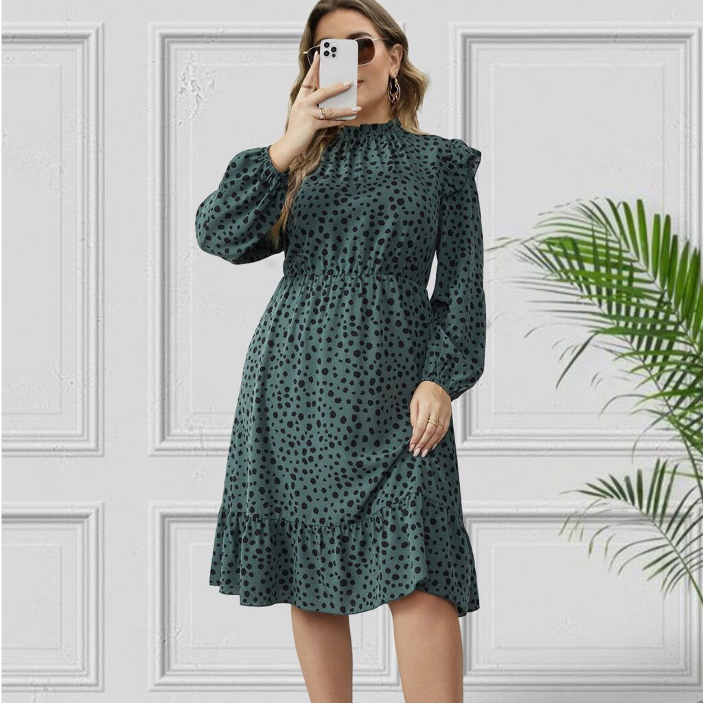 Plus Size Spring Summer Half Turtleneck Polka Dot Floral Flounce Waist  Tight