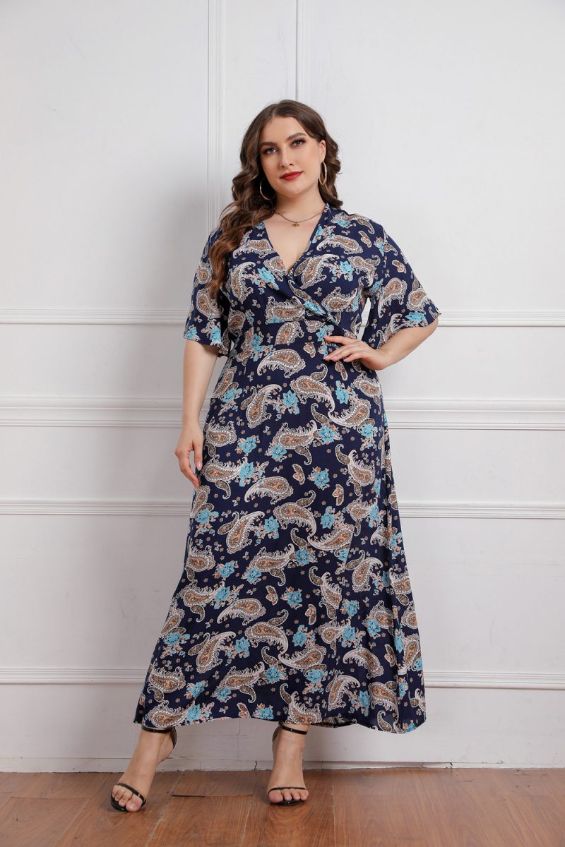 Plus Size Summer  Women V neck Girls Printed Short Sleeve Dress - Image 2
