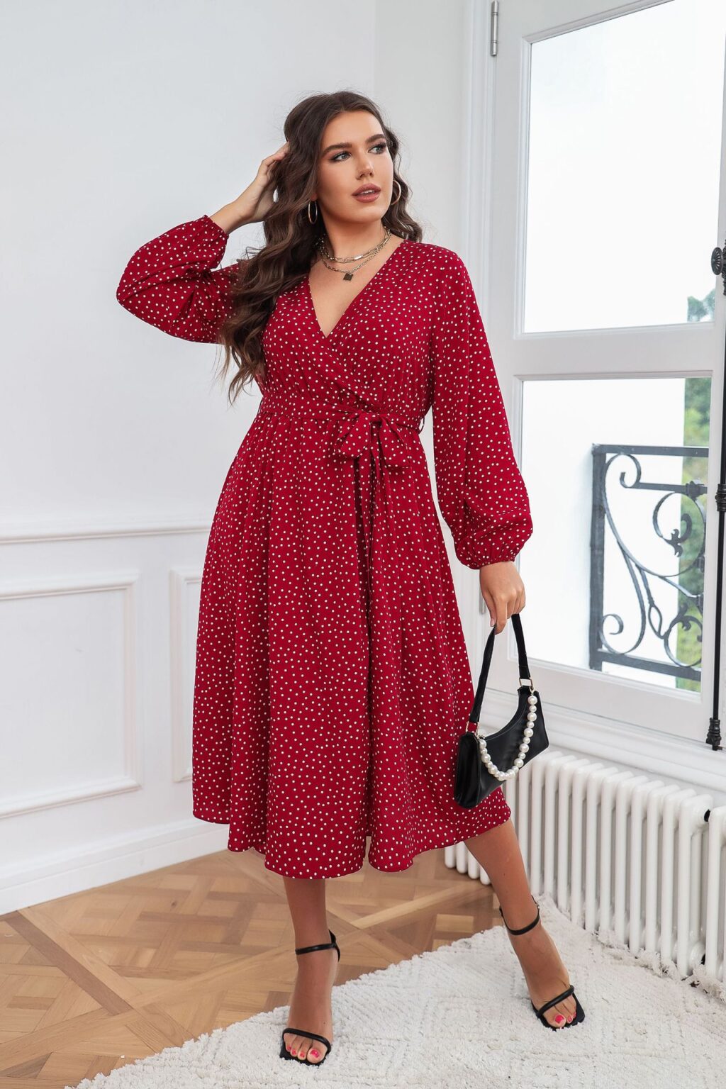 Plus Size Swing Artistic Red  Dress Cotton Office Polka Dot Long Sleeve Women Clothing - Image 3