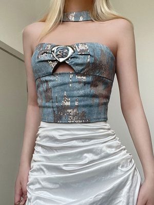 Slim Fit Hollowed Heart Shape Stitching Sequin Sexy Wind Belt Neck Ring Denim Chest Wrap