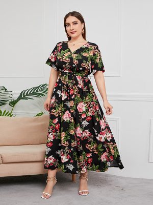 Plus Size High Waist Western V-neck Midi Dress Printed Black Sexy Trendy Dress