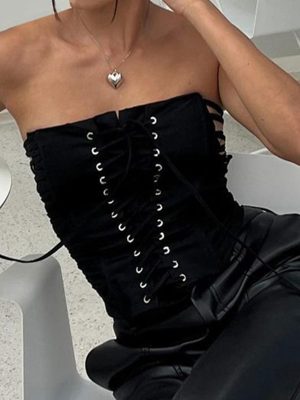 Sexy  Cut off Neck Corns Lace up Beauty Back Vest Dark Sexy Trendy Underwear