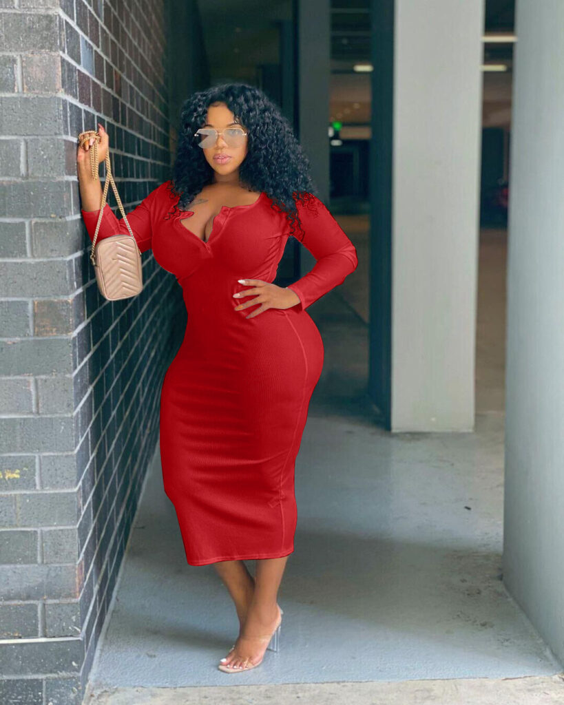 Plus Size Autumn Winter  Women Clothing Sexy Solid Color V-neck Long Sleeve  Women Dress - Image 2