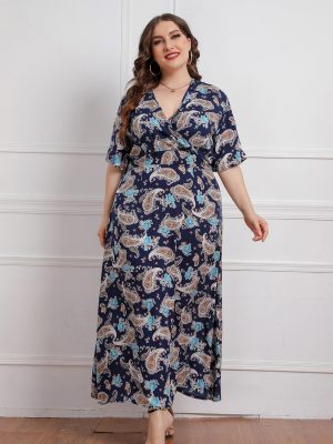 Plus Size Summer  Women V neck Girls Printed Short Sleeve Dress