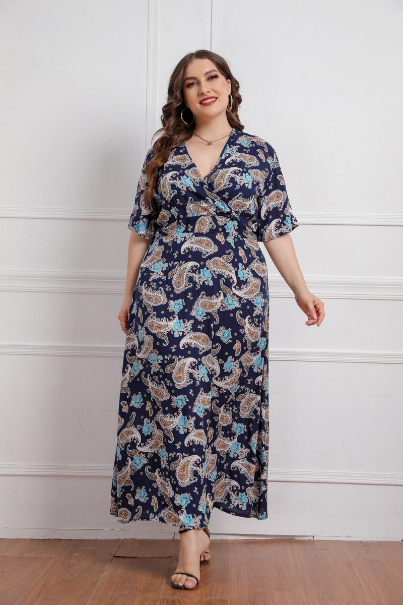 Plus Size Summer  Women V neck Girls Printed Short Sleeve Dress