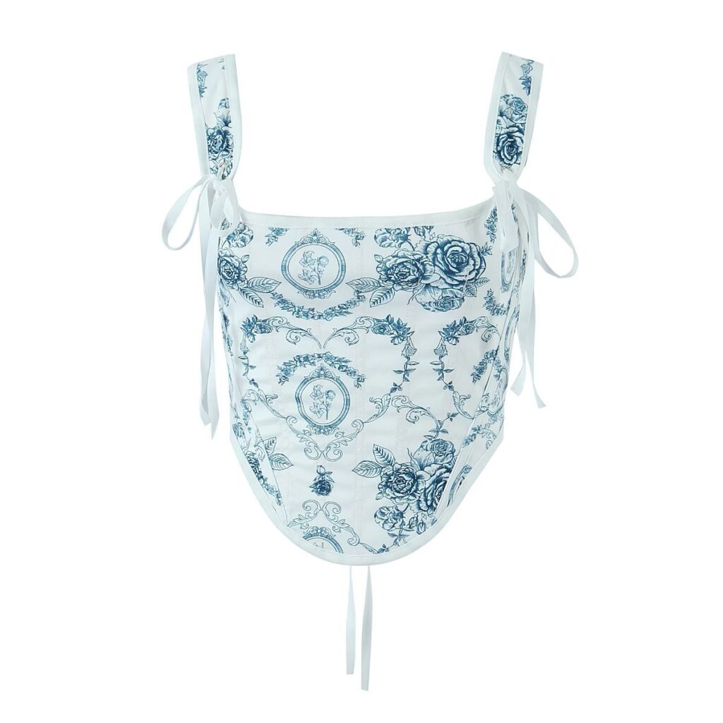 Spring Summer Retro Printed Vest Bandage Irregular Asymmetric Short Top - Image 2