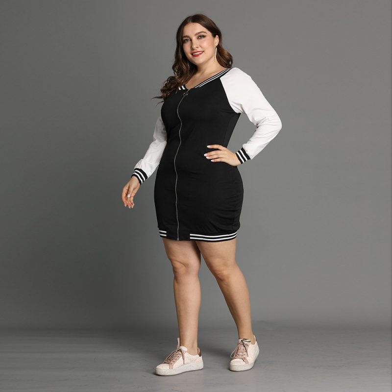 Plus Size Autumn  Women Long Sleeve Color Zipper Dress Mid-Length