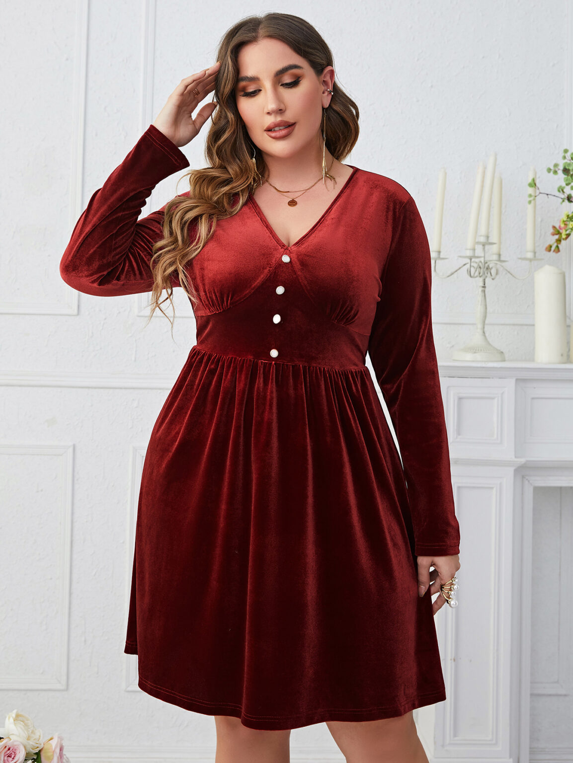 Popular Dark Red V neck Slimming High Waist Long Sleeves Dress - Image 4