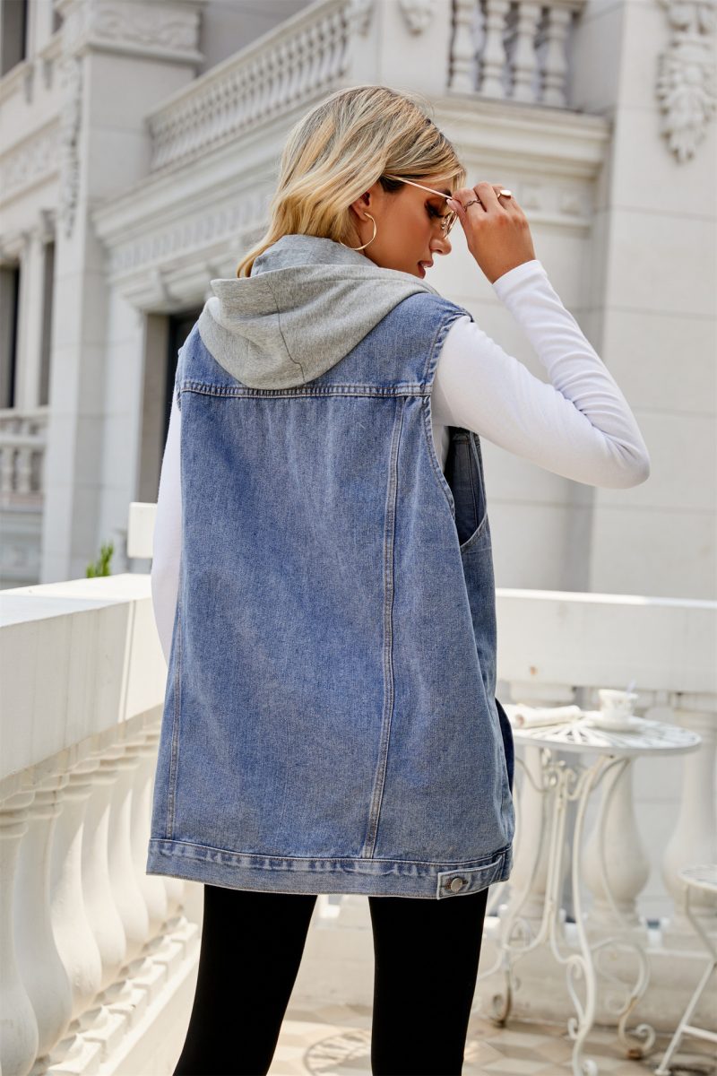 Retro Denim Vest Coat Hooded Detachable Loose Casual Women - Image 2