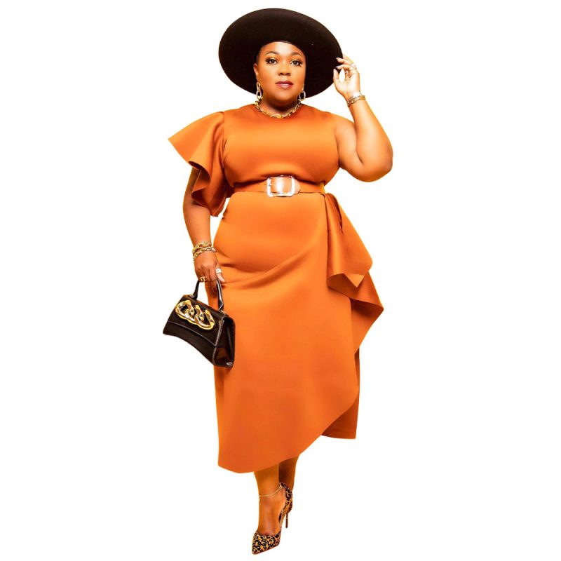 Plus Size Sexy  Women Clothing Solid Color One Shoulder Ruffle Stitching Party Nightclub Dress No Belted - Image 3