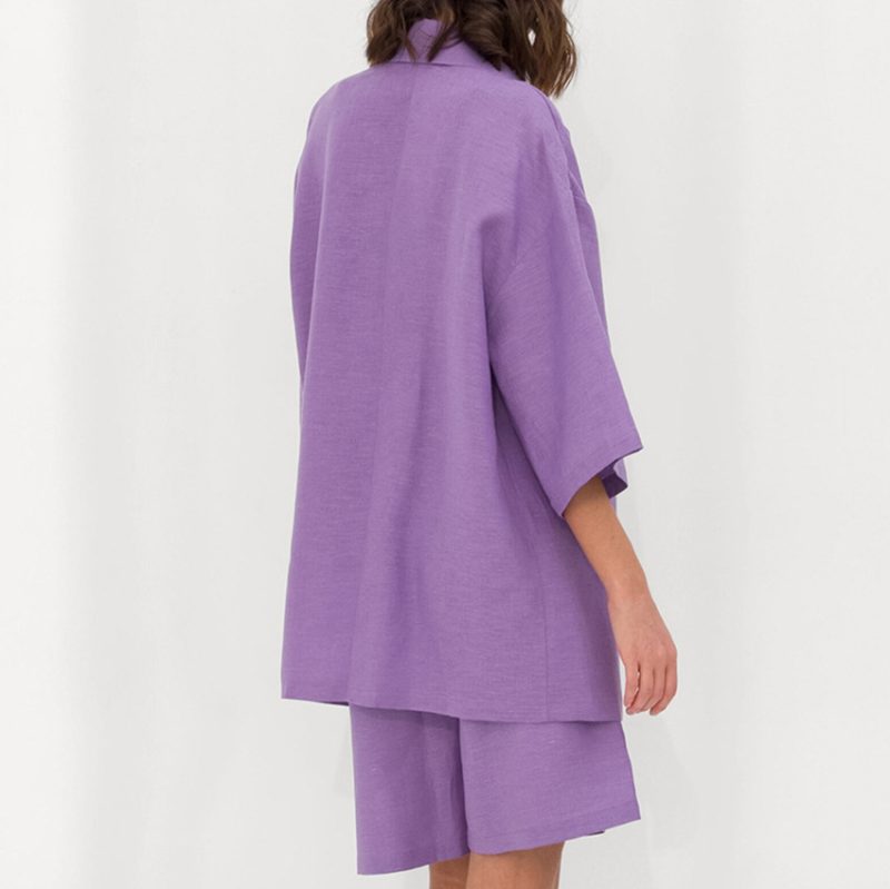 Solid Color All Match Office Collared Drop Shoulder Twet Outfit Summer Straight Shorts Set - Image 2
