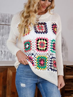 Popular Urban Casual Loose Pullover Multicolor Long-Sleeved Sweater round Neck Crochet All-Matching Clothing