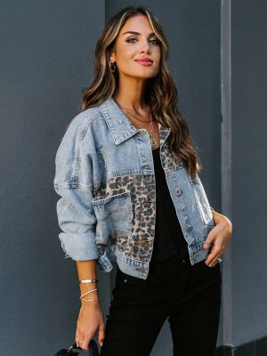 Leopard Print Print Stitching Ripped Denim Jacket Casual Jacket