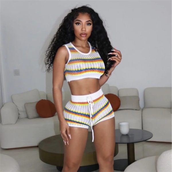 Summer Women Clothing Sexy Knitted Contrast Color Sleeveless Top High Waist Hip Shorts Casual Set