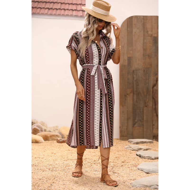 Dress Geometric Abstract Pattern Print Lace Up Dress - Image 3