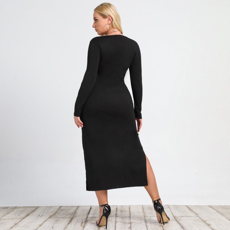 Plus Size Women  Clothing New Long Sleeve Split Knitted V-neck Sexy Slim Dress - Image 4