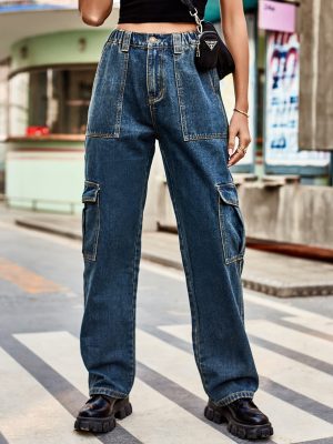 Retro Washed Semi Elastic Design Personality Denim Cargo Pants Casual Pants Women