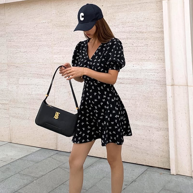 Summer V neck Puff Sleeve Short Sleeve Printed Short Black Shivering Dress Women Clothing - Image 3