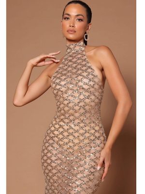 Spring Sexy Backless Nightclub Party Formal Dress Rhinestone Sequined Transparent Dress