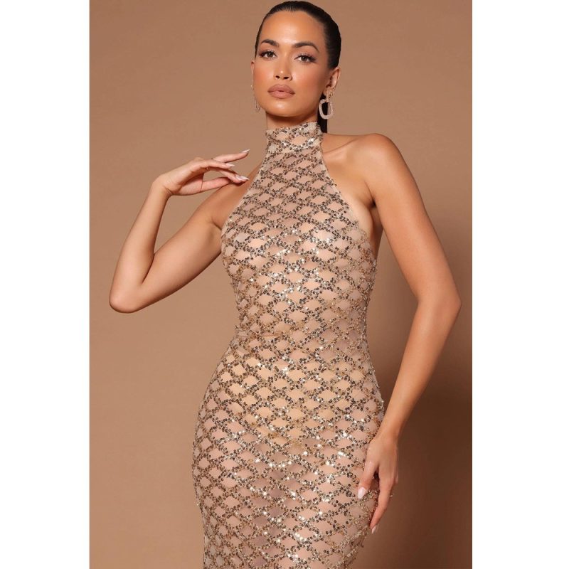 Spring Sexy Backless Nightclub Party Formal Dress Rhinestone Sequined Transparent Dress